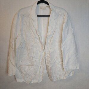 Chico's Linen Blazer Women's XL White Ruched Front Eyelet Mother of Pearl Button